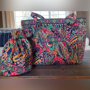 Vera Bradley set of tote and drawstring bag. Orange/Blue/Pink print.